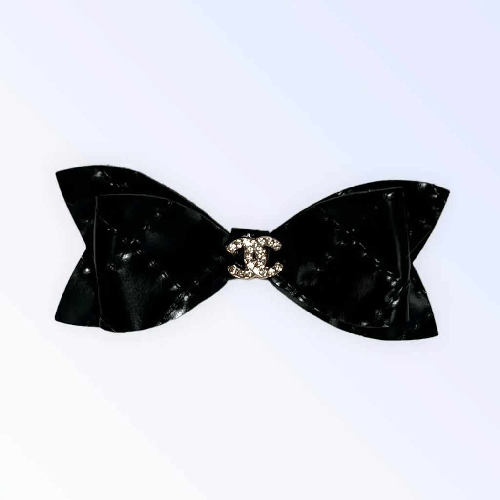 Bark Fifth Avenue Black Quilted CC Leather Hair Bows