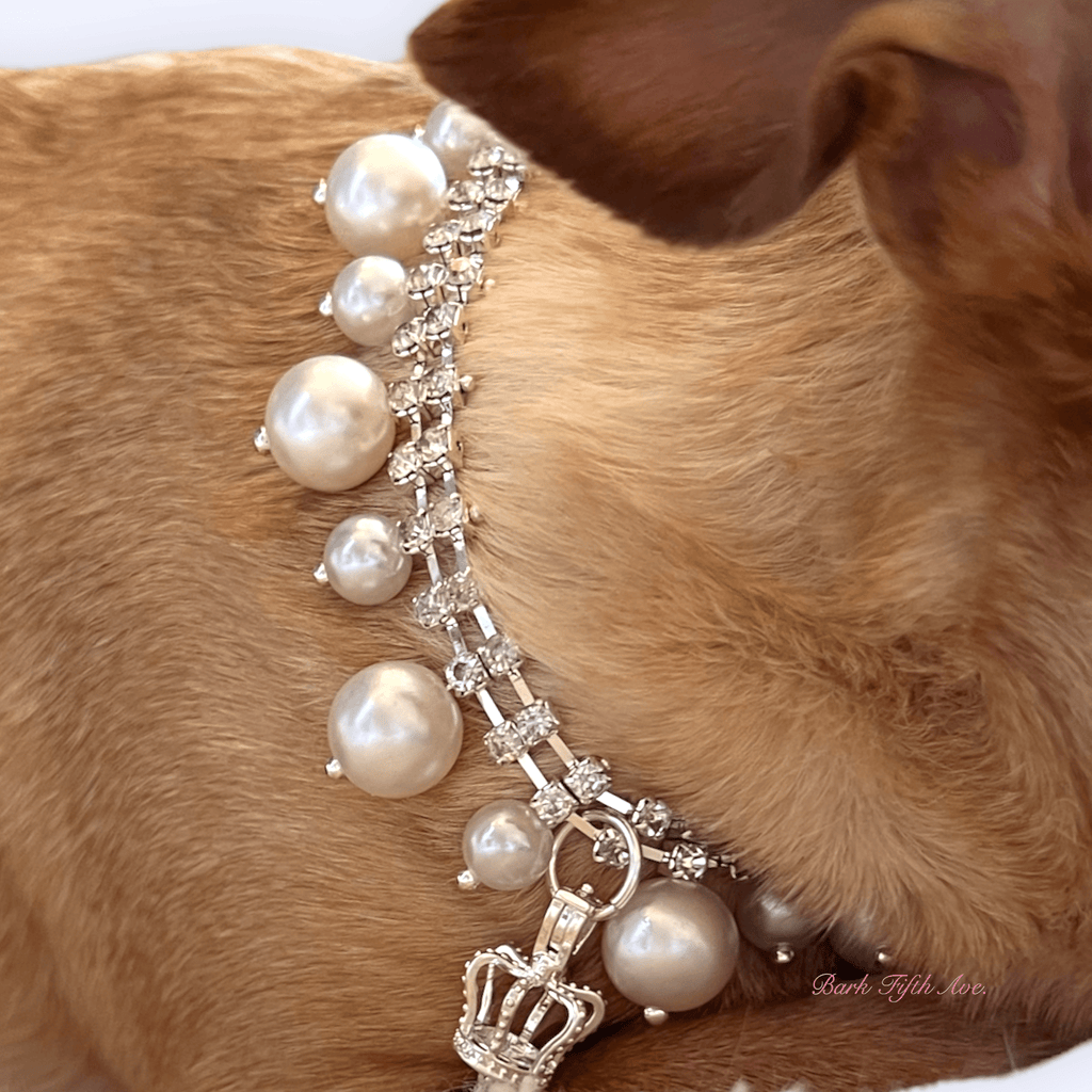 Bark Fifth Avenue Rhinestone & Pearl Crown Necklace: 10"