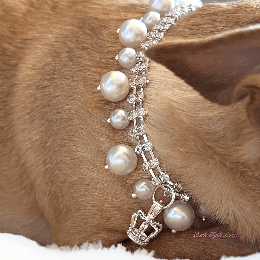 Bark Fifth Avenue Rhinestone & Pearl Crown Necklace: 14"
