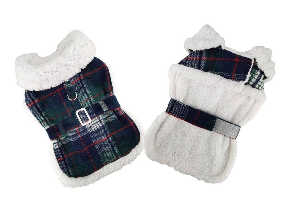 Doggie Design, Inc XS / Blue & Green Plaid Sherpa Lined Dog Harness Coat with Matching Leash