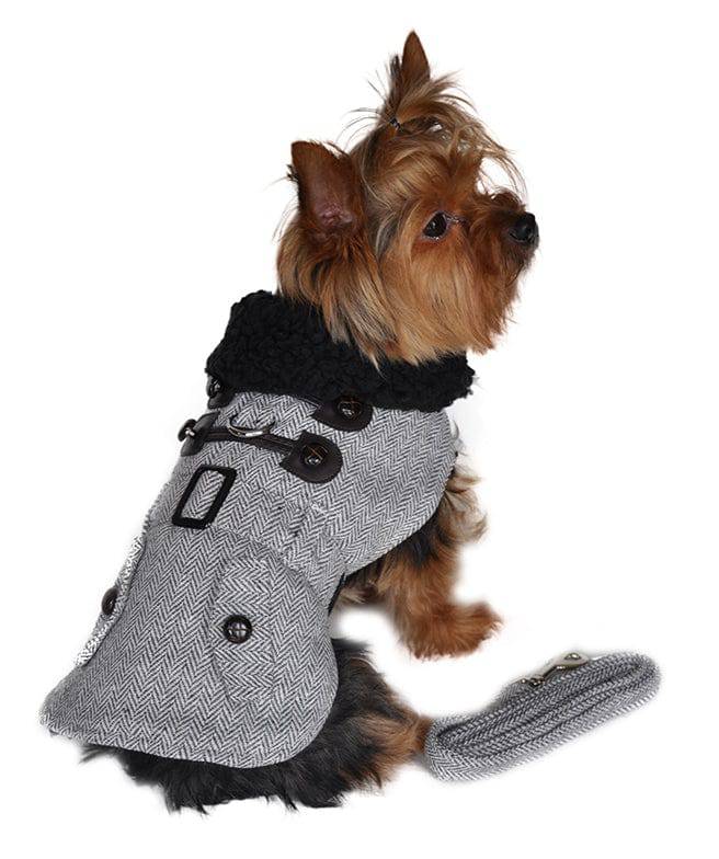 Doggie Design, Inc XS Designer Grey Herringbone Dog Harness Coat with Matching Leash