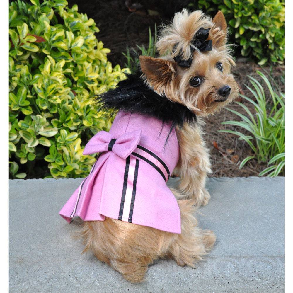 Doggie Design, Inc XS Designer Pink Wool Blend Classic Dog Coat Harness and Fur Collar with Matching Leash