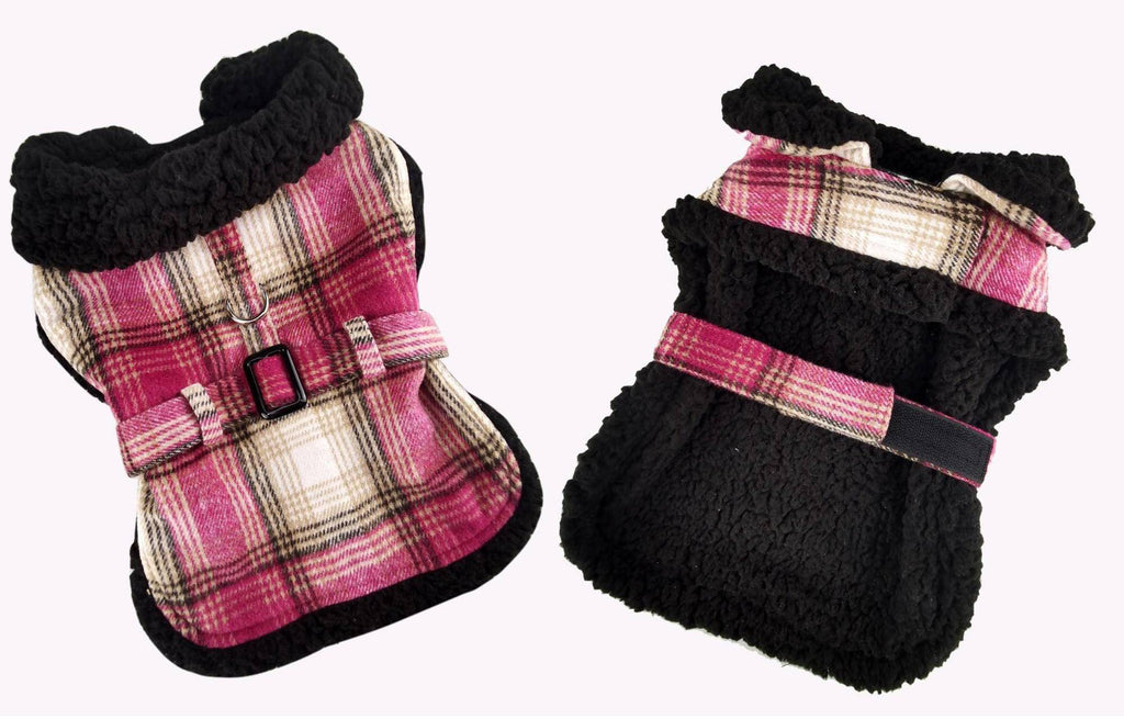 Doggie Design, Inc XS / Hot Pink & Tan Plaid Sherpa Lined Dog Harness Coat with Matching Leash