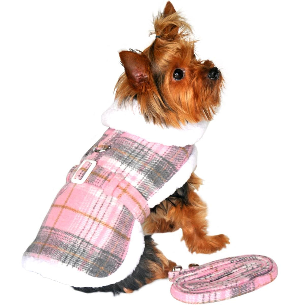 Doggie Design, Inc XS / Pink & White Plaid Sherpa Lined Dog Harness Coat with Matching Leash