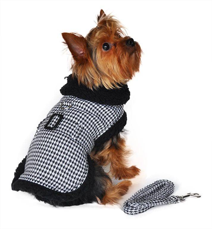 Doggie Design, Inc XS Sherpa Line Dog Harness Coat - Black and White Houndstooth with Matching Leash