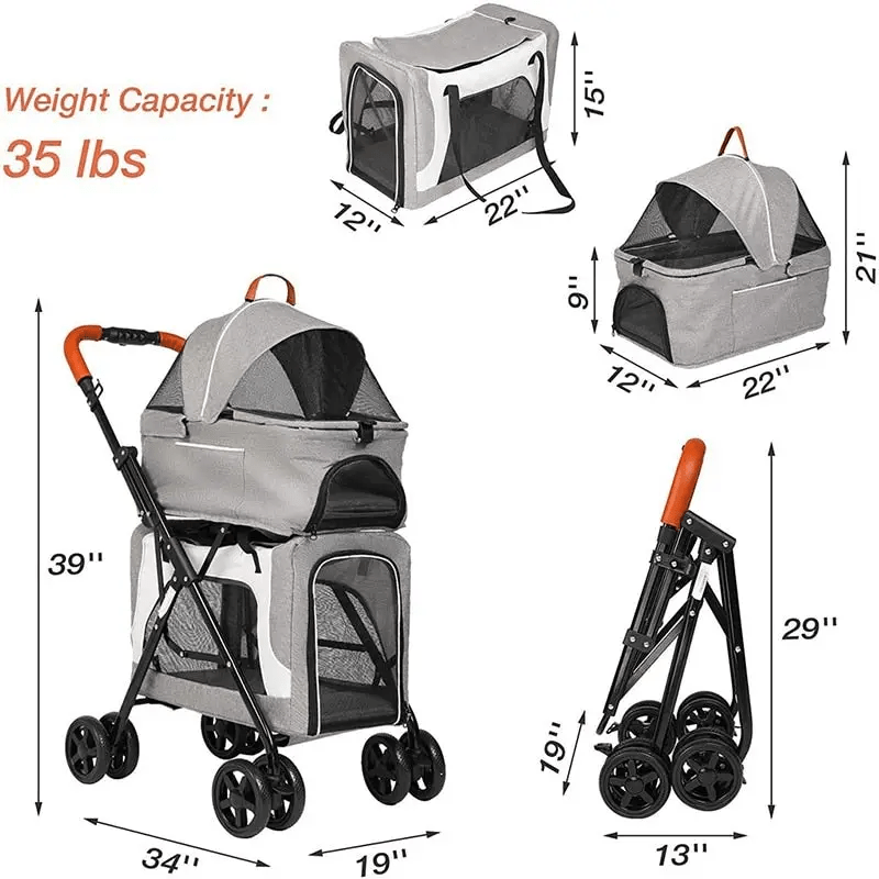 Furr-Baby Gifts Luxury Double Pet Strollers, 3 in 1 Detachable Four Wheels