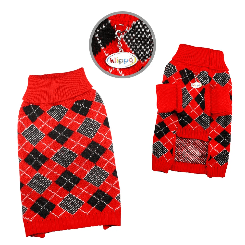 Klippo Argyle Turtleneck Sweater in Red/Black/White