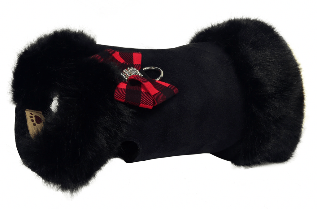 Susan Lanci Designs Red Gingham Nouveau Bow Black Fox Fur Coat