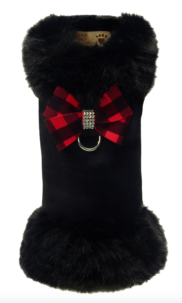 Susan Lanci Designs XXS Red Gingham Nouveau Bow Black Fox Fur Coat