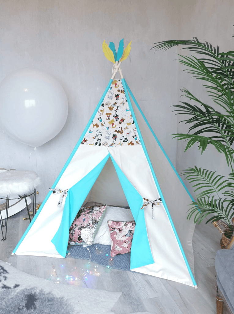 The Teepee Store with WINDOW Dog Lovers Ivory Turquoise Play Teepee Tent